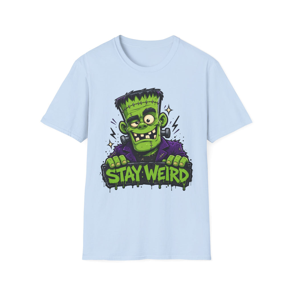 Light blue graphic monster T-shirt with green character and “STAY WEIRD” text