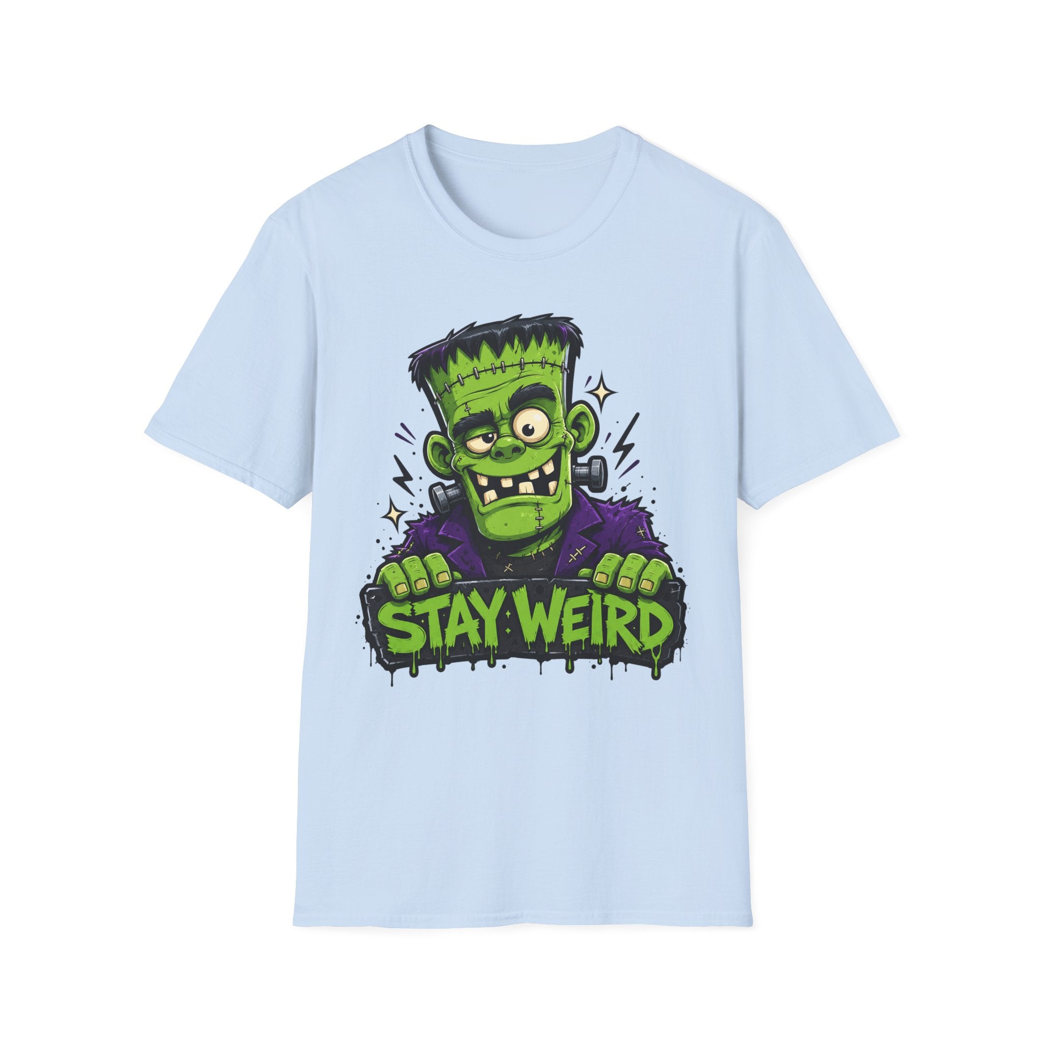 Light blue graphic monster T-shirt with green character and “STAY WEIRD” text