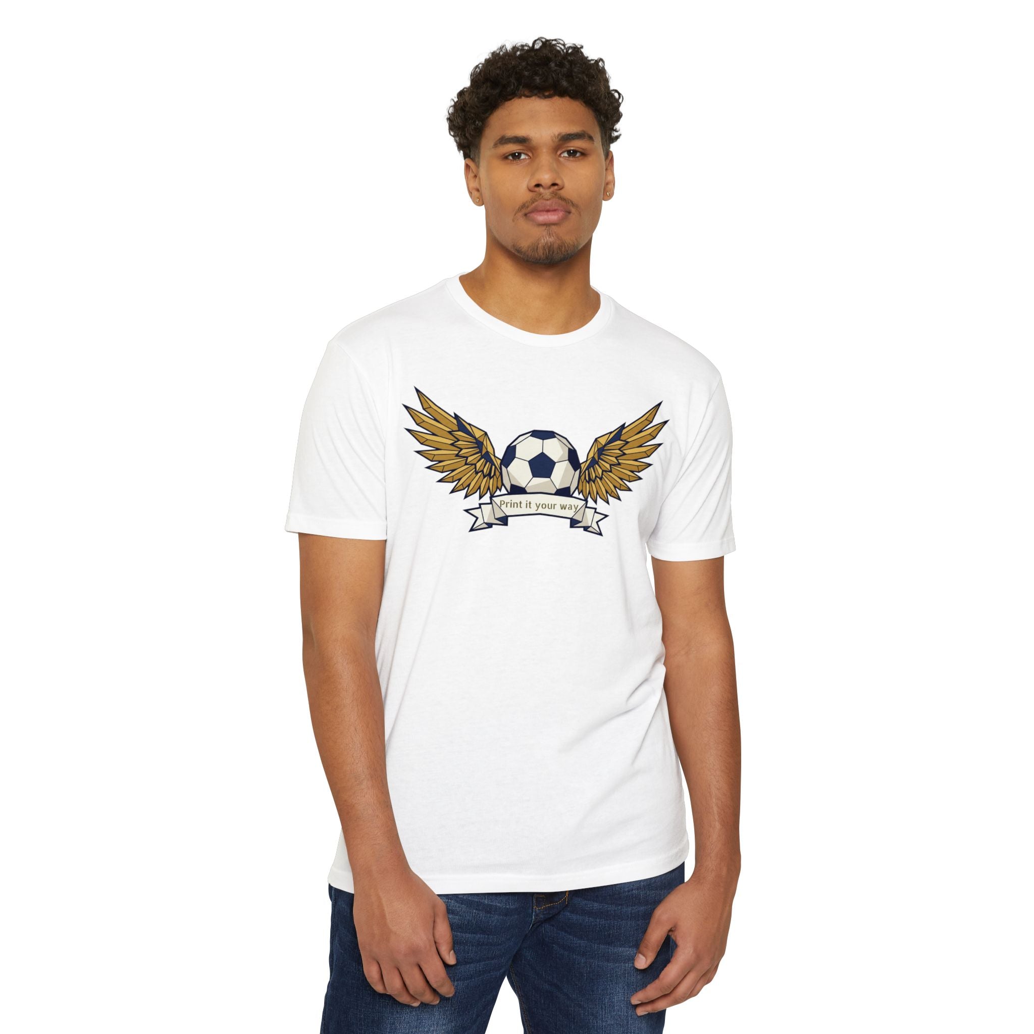White crew-neck soccer t-shirt with winged ball graphic on front
