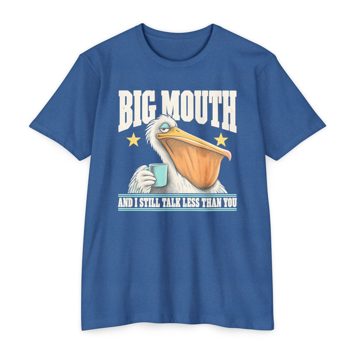 Blue T-shirt with pelican-and-coffee cup graphic and 'BIG MOUTH' text