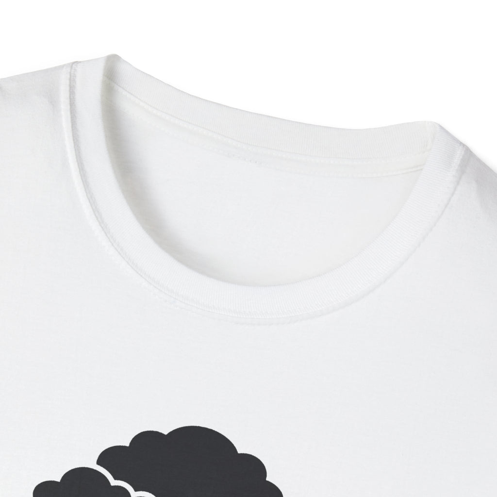 White T-shirt close-up of crew neck with partial bonsai tree graphic