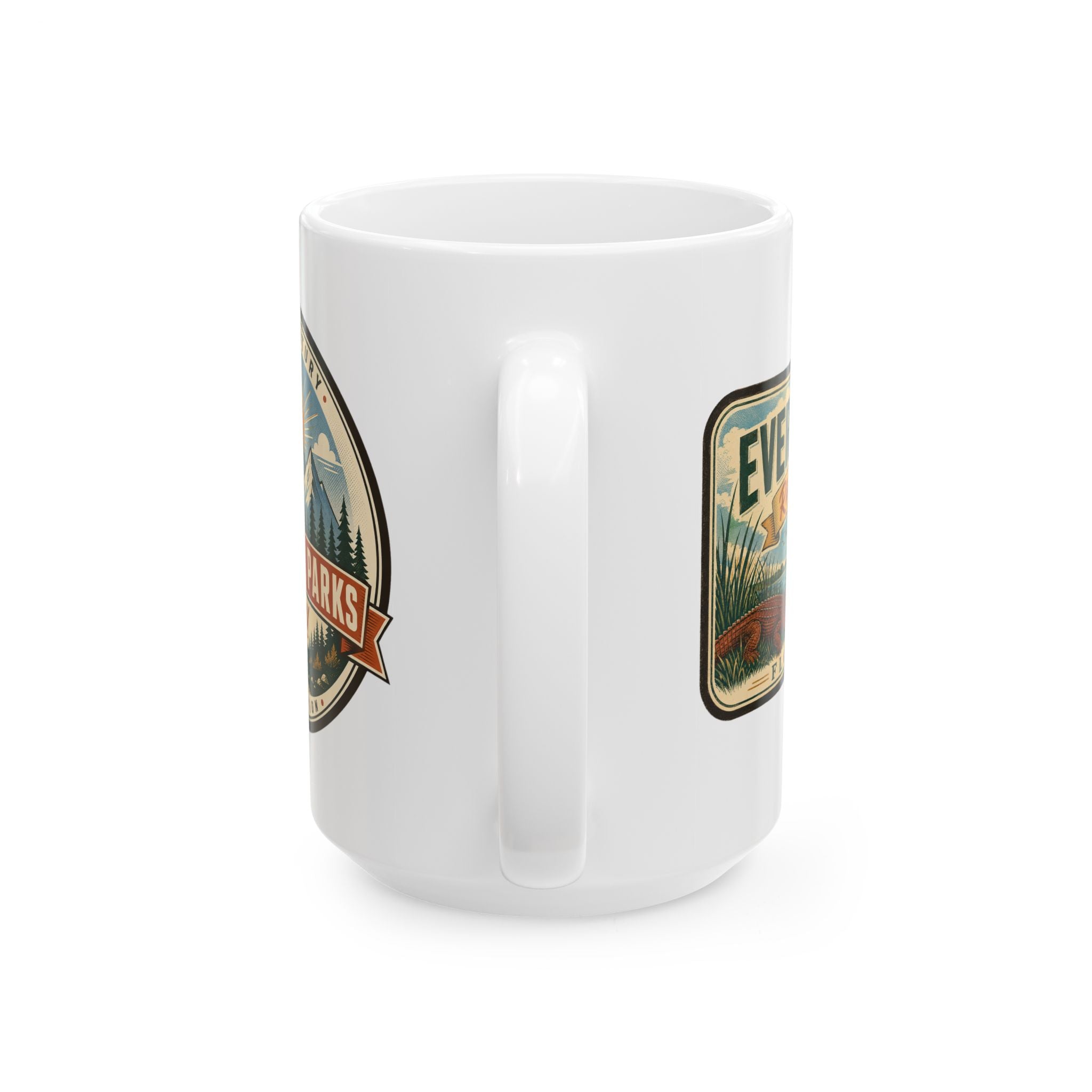 White ceramic mug with Everglades badge artwork on opposite side