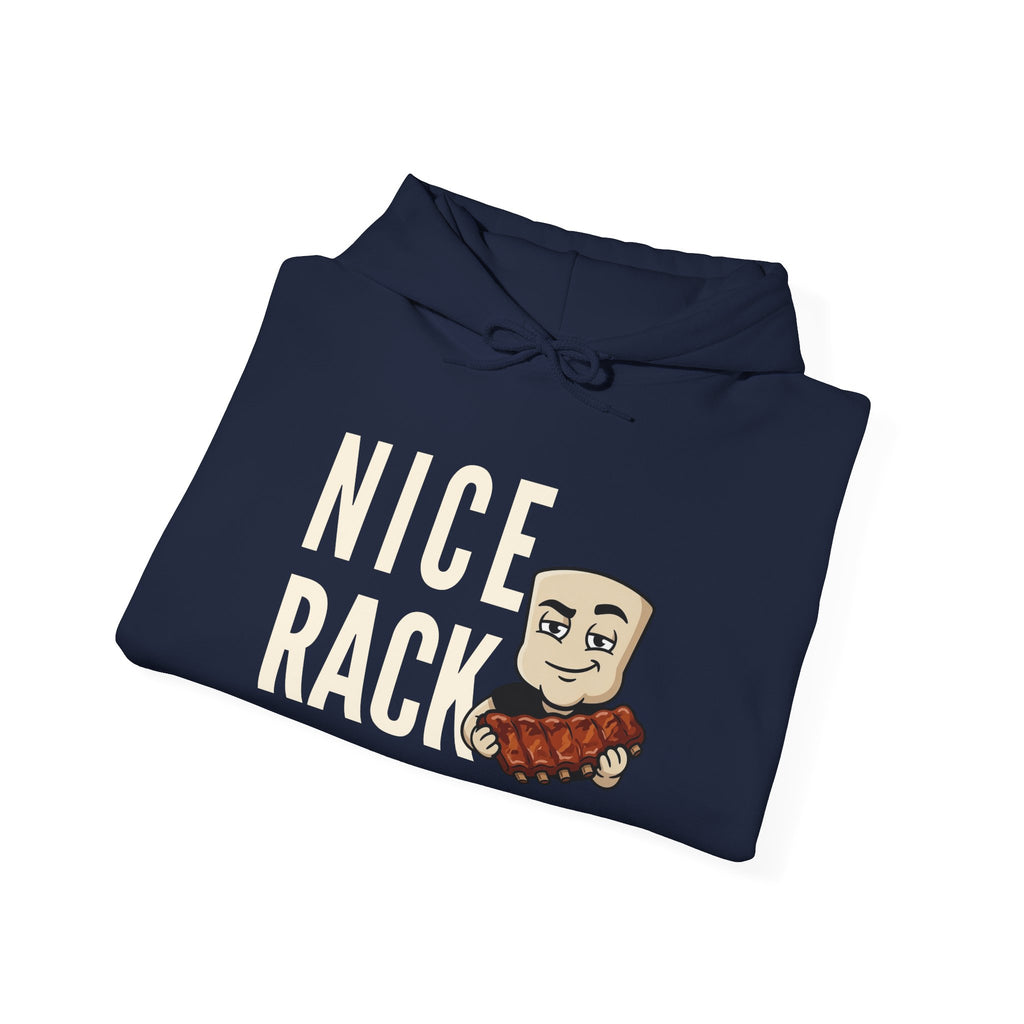 Navy adult hoodie with drawstring hood, front graphic text and character