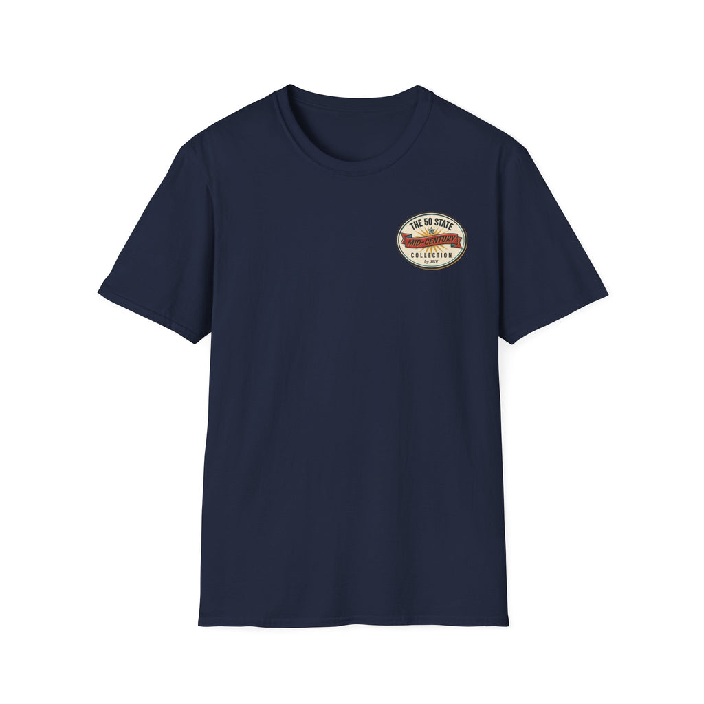 Dark navy crew-neck T-shirt with small round vintage-style badge logo on chest.