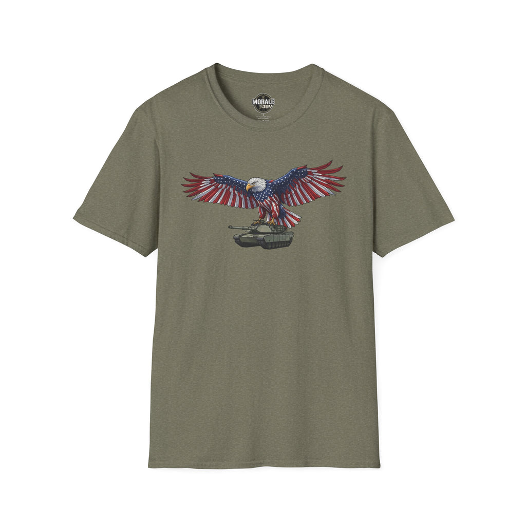 Olive green T-shirt with bald eagle and American flag wings over M1 Abrams tank