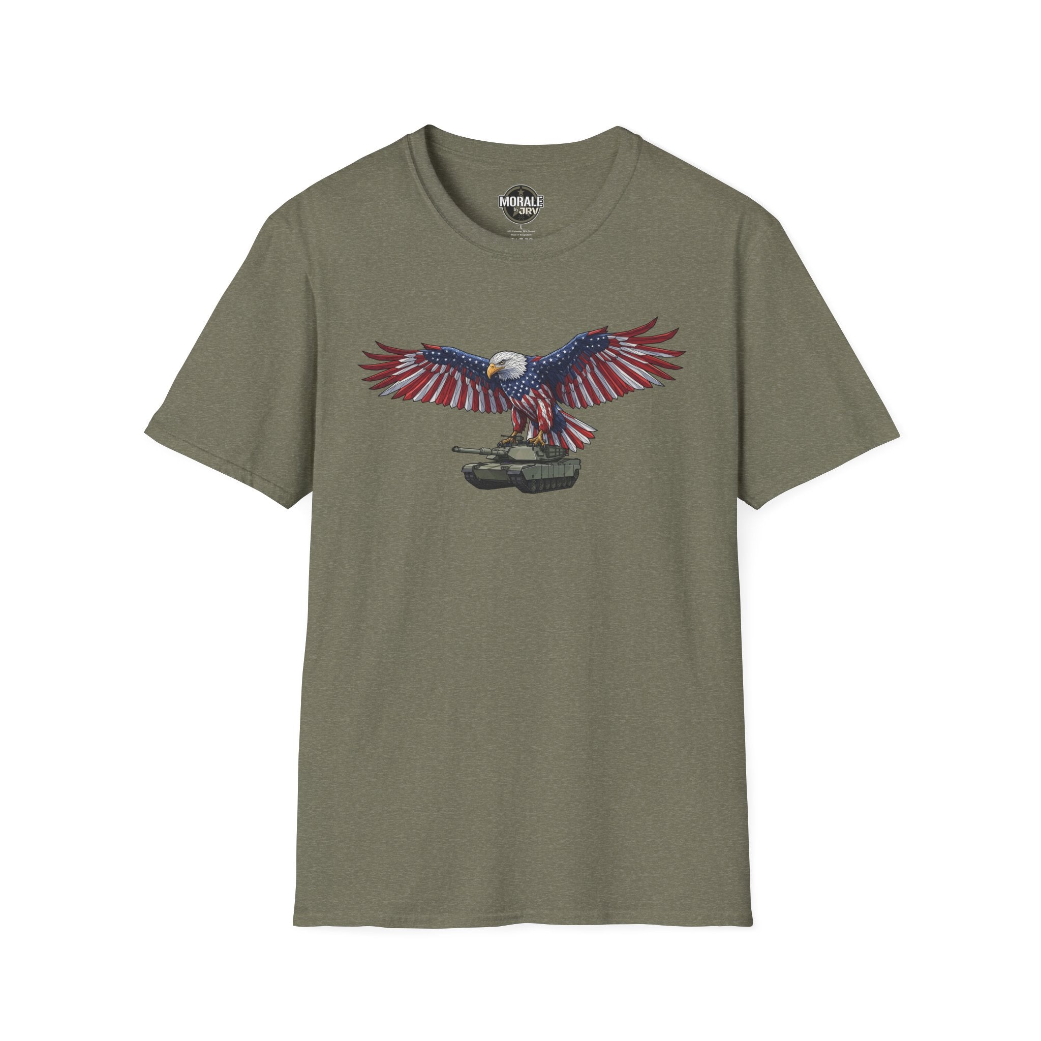 Olive green T-shirt with bald eagle and American flag wings over M1 Abrams tank