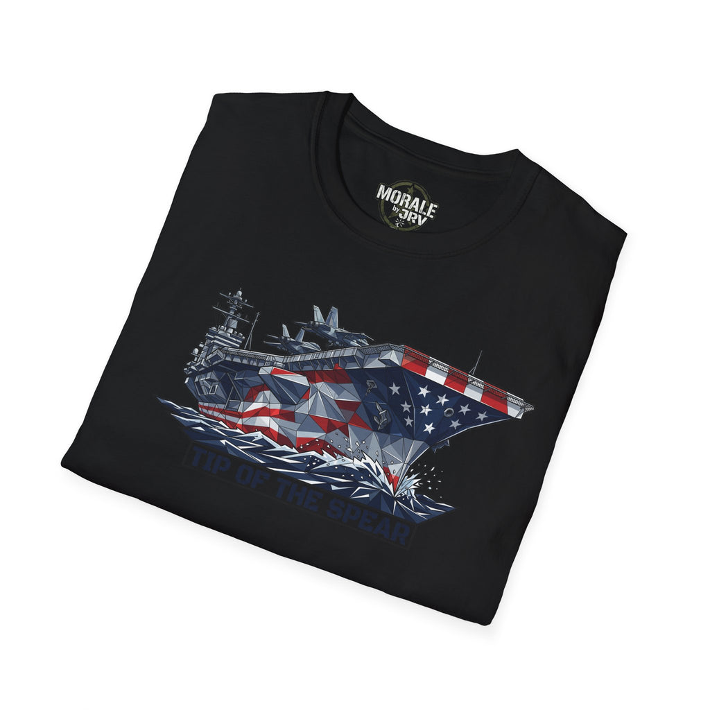 Black aircraft carrier T-shirt with American flag ship graphic and 'Tip of the Spear'