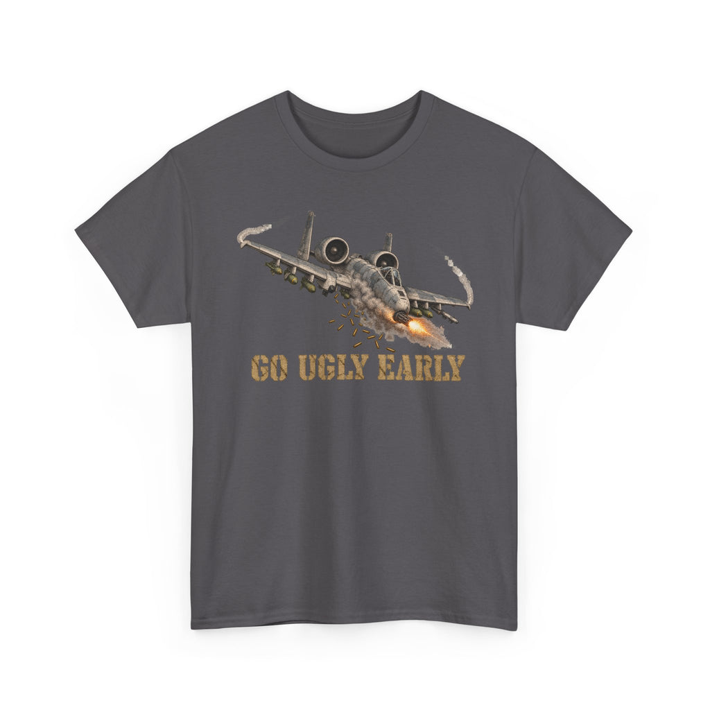 Dark gray jet attack graphic T-shirt with “Go Ugly Early” text and aircraft illustration.