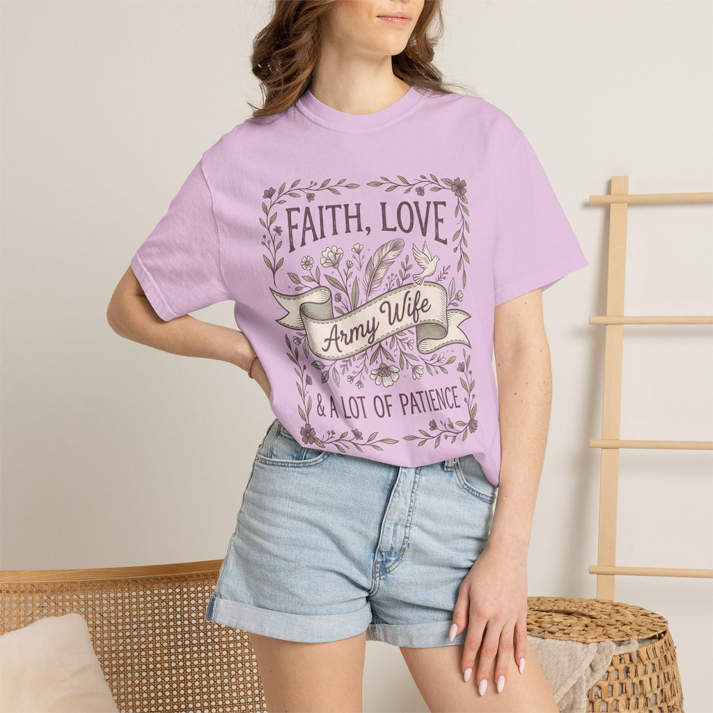 Light pink crewneck T-shirt on model with 'Faith, Love' floral wreath and 'Army Wife' ribbon