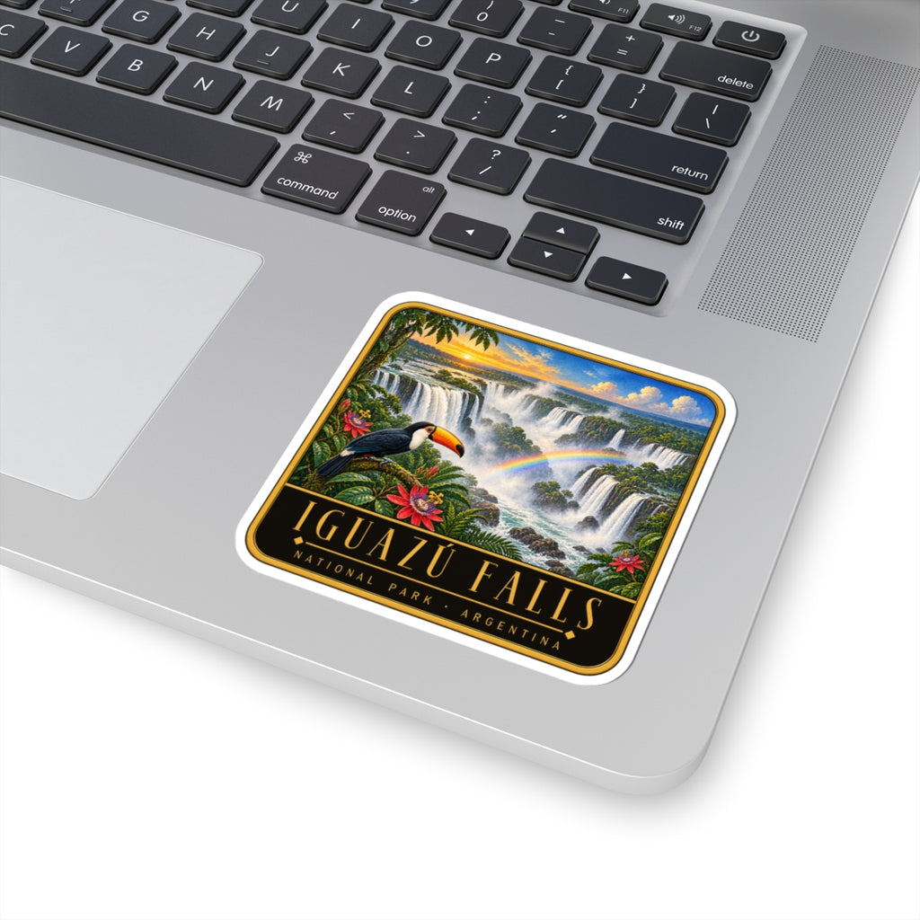 Square kiss-cut vinyl decal sticker with Iguazu Falls scene, rainbow, and toucan
