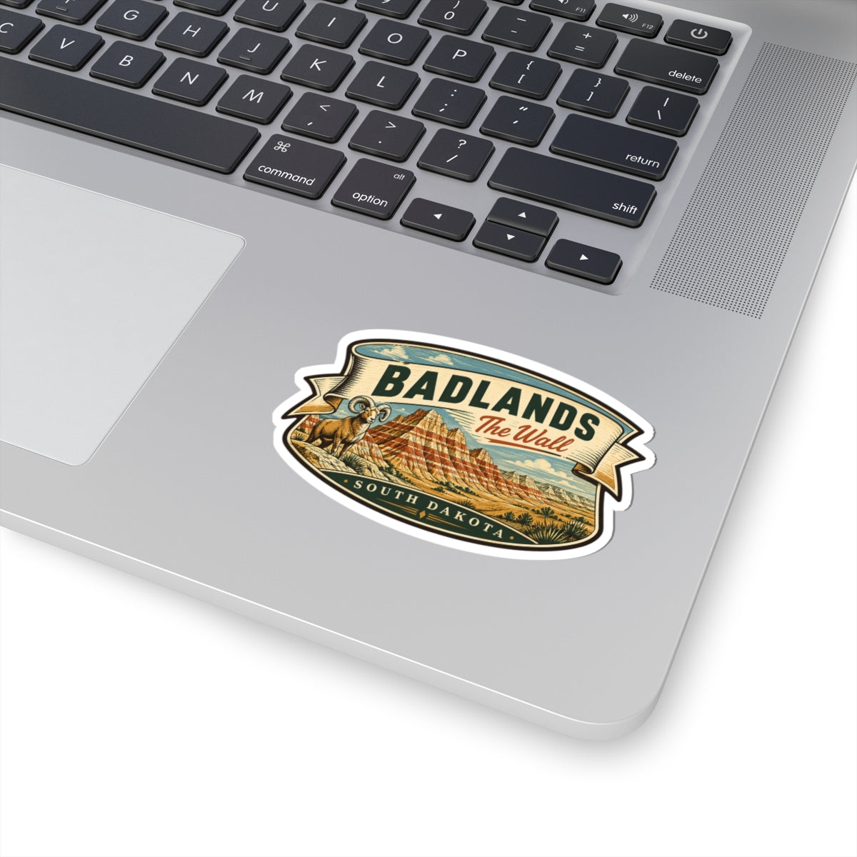 Badlands wall sticker with South Dakota desert ram art, kiss-cut white backing