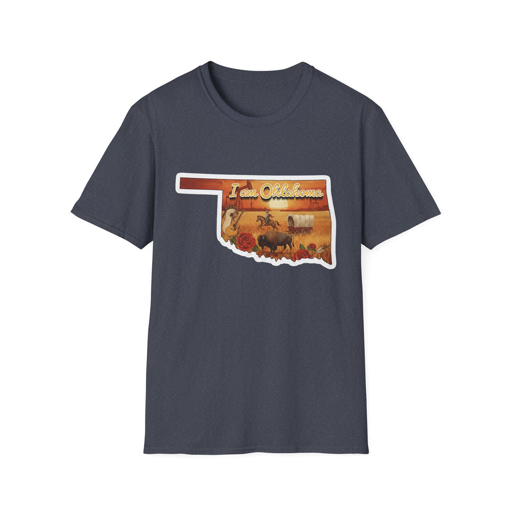 Heather navy T-shirt with Oklahoma silhouette and cowboy scene graphic