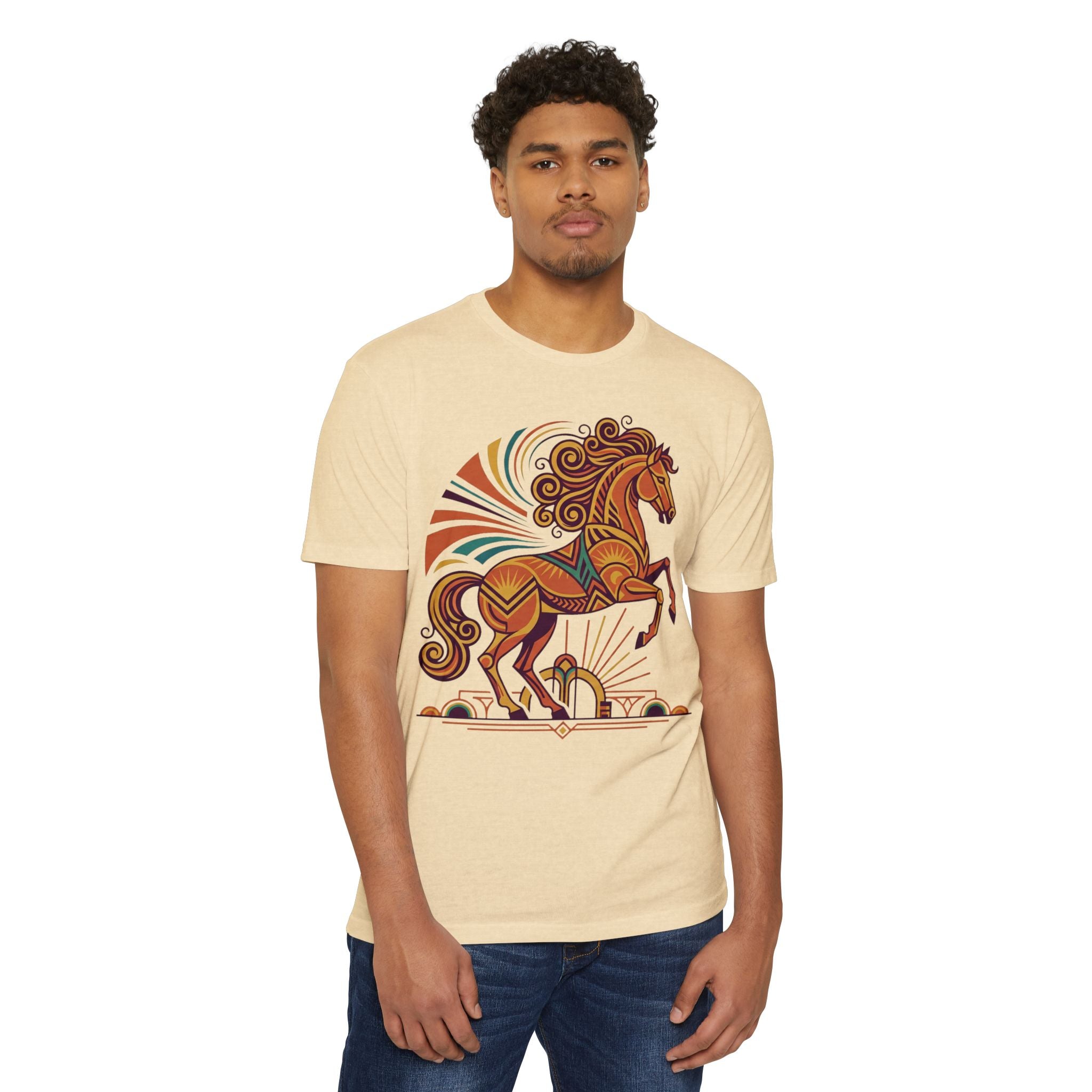 Cream crew-neck T-shirt with colorful prancing horse sunburst graphic on front
