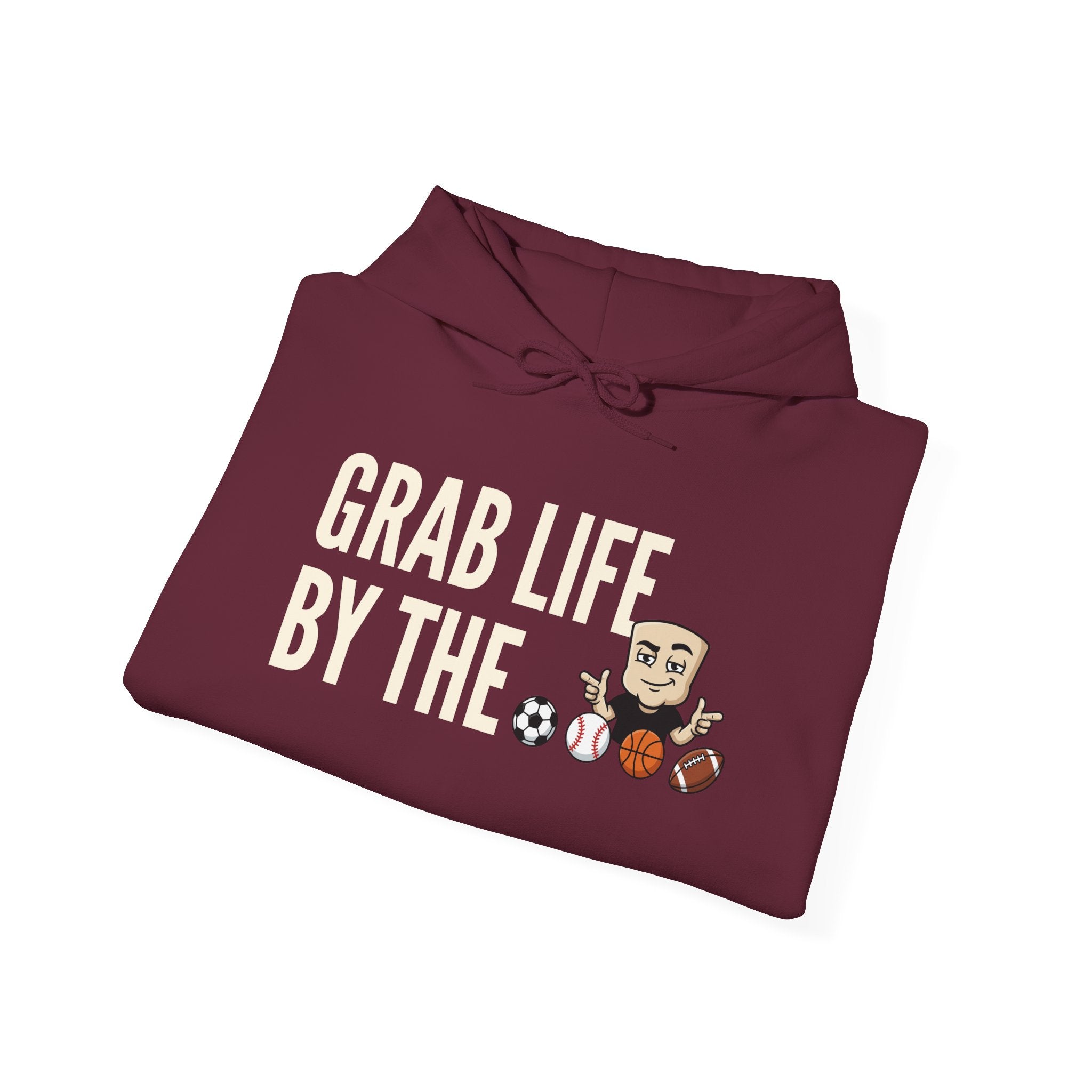 Maroon hoodie with front "GRAB LIFE" sports graphic and drawstring hood