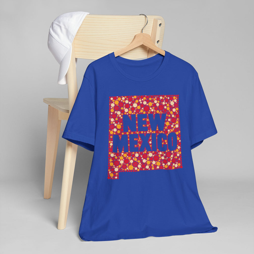 Blue crew-neck T-shirt with colorful New Mexico square graphic