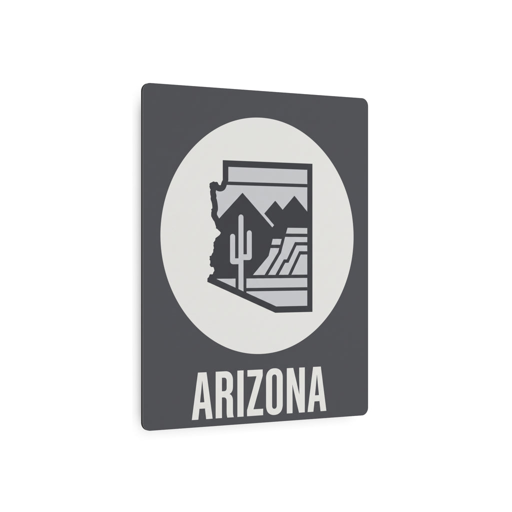 Dark gray square metal wall art with white circle, Arizona desert cactus silhouette, “ARIZONA”