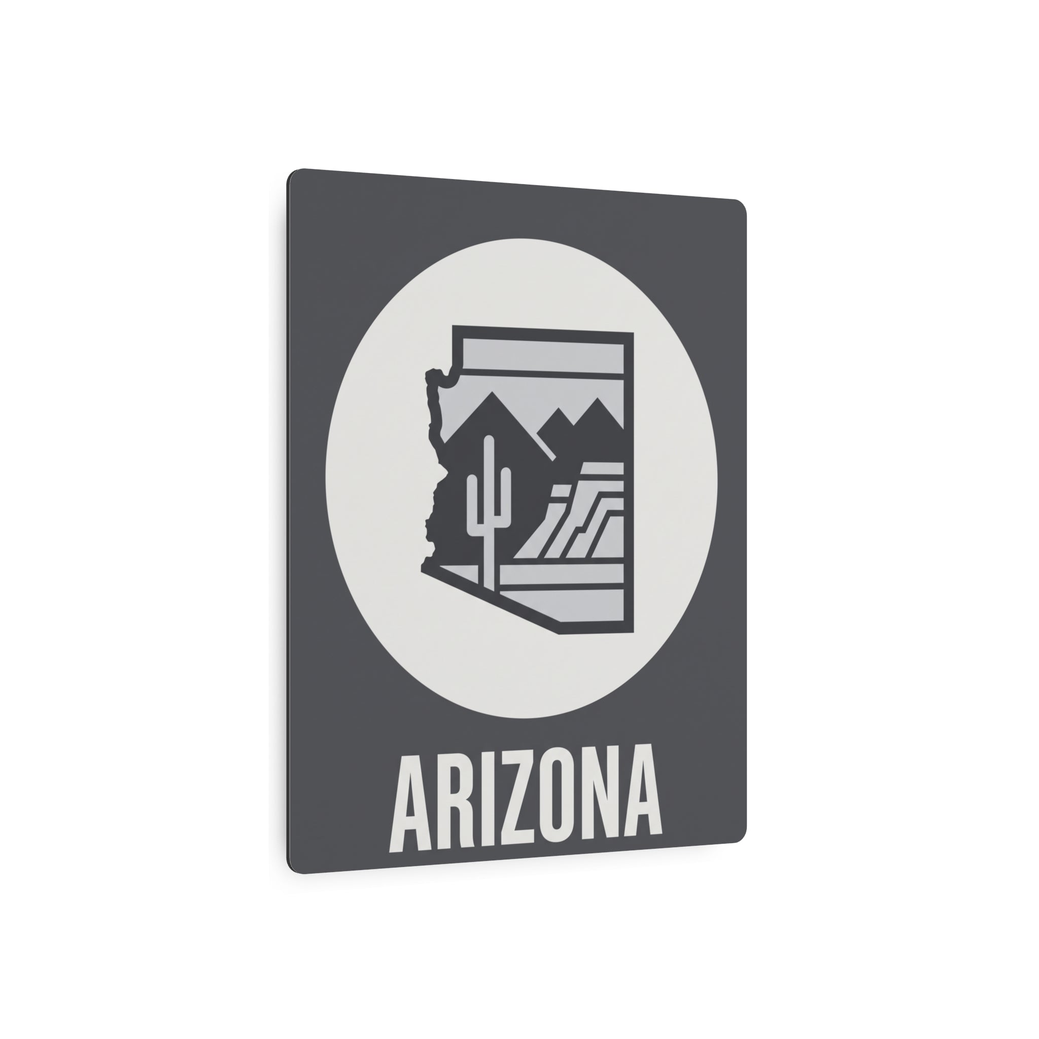 Dark gray square metal wall art with white circle, Arizona desert cactus silhouette, “ARIZONA”