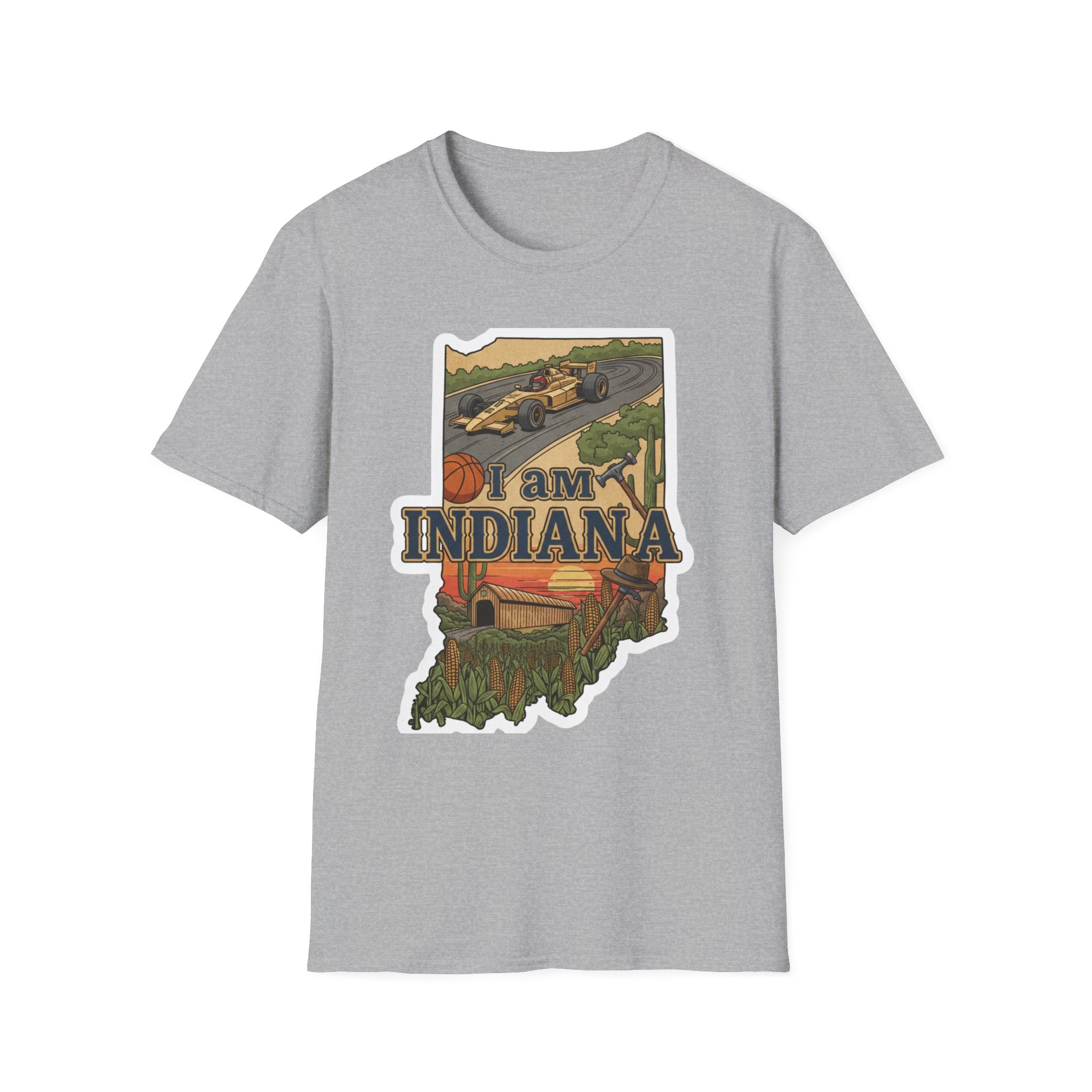 Sport grey I Am Indiana T-shirt with Indiana outline print, race car and basketball