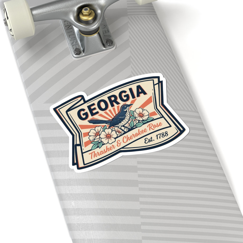 Georgia state badge sticker on striped surface, bird and flowers with Est. 1788