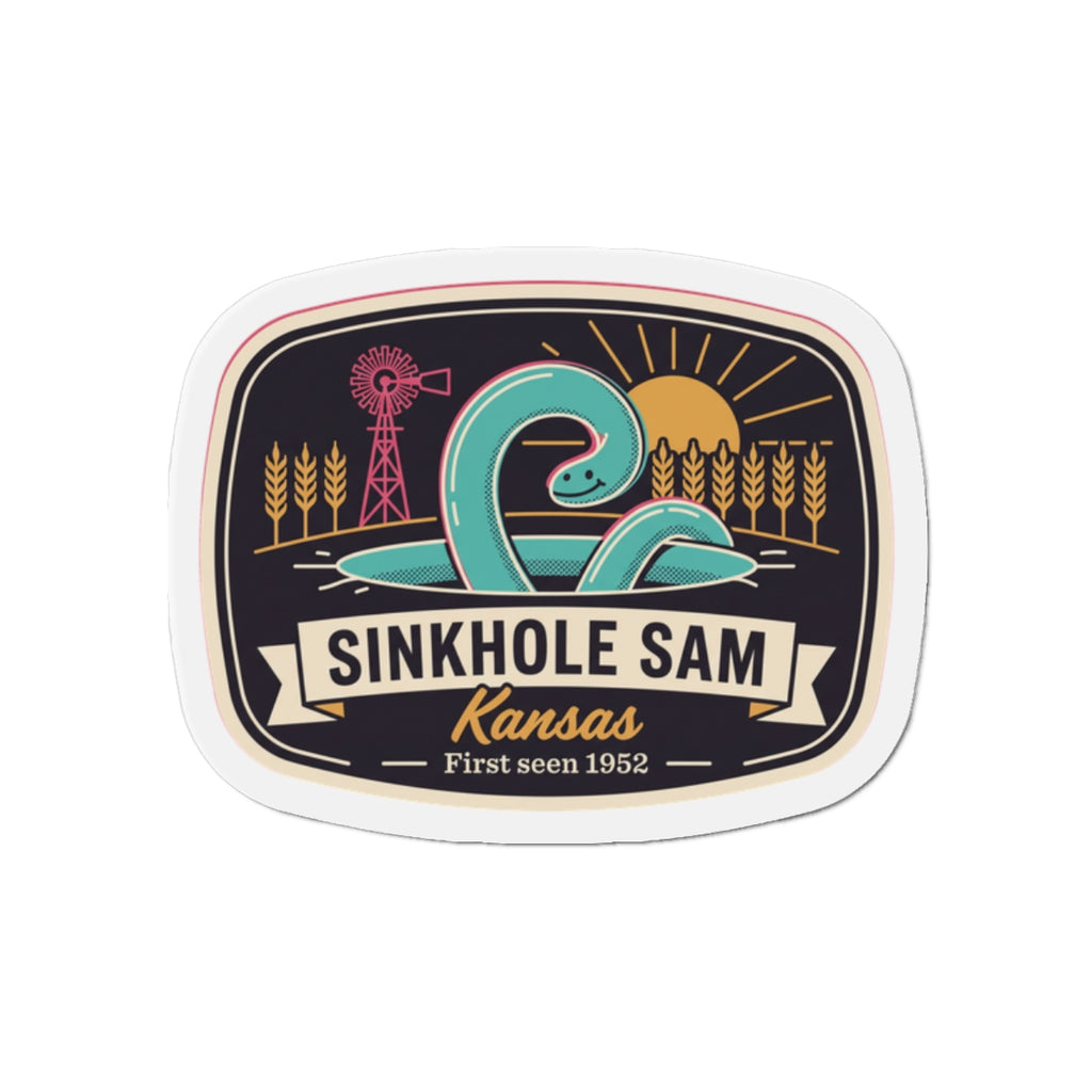 Die-cut sticker-style magnet with oval Kansas scenic artwork and thick white border