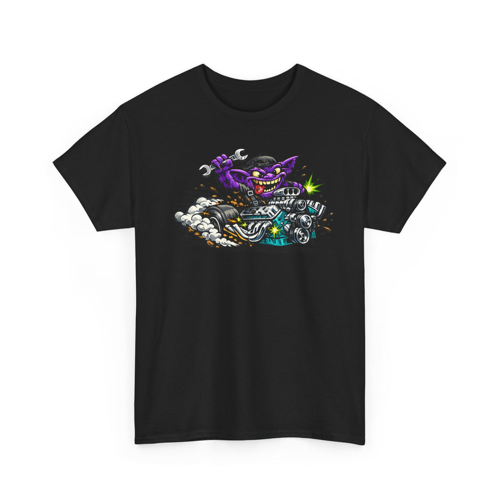 Black T-shirt with grinning purple cat biker motorcycle graphic