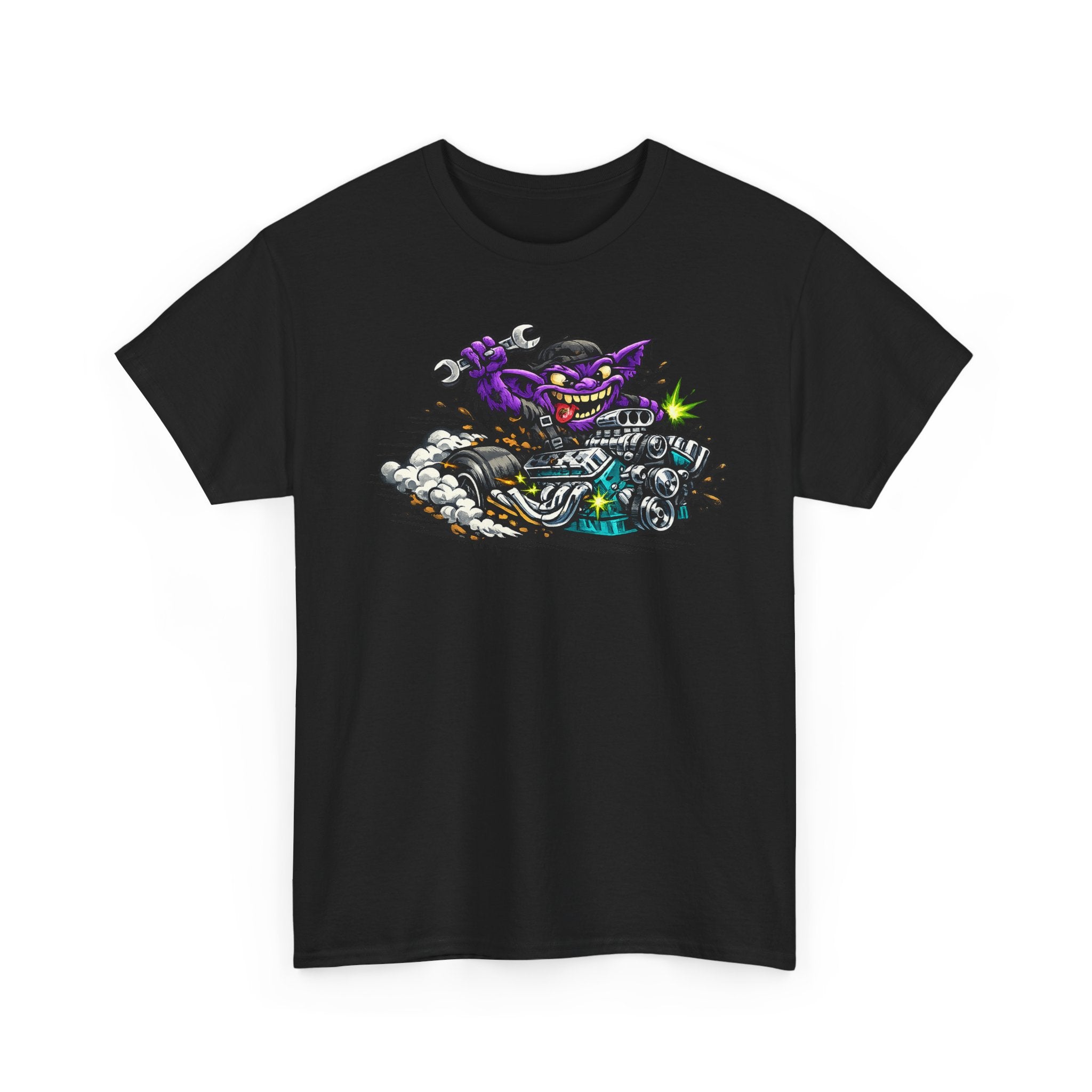 Black T-shirt with grinning purple cat biker motorcycle graphic