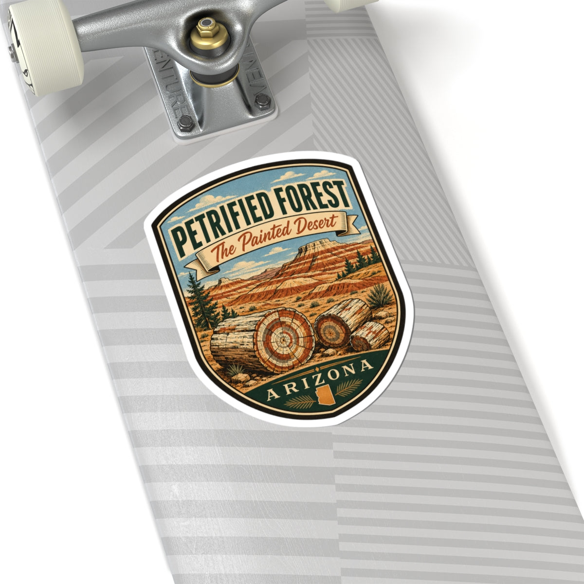 Petrified Forest travel sticker on a notebook, shield badge with Painted Desert and Arizona