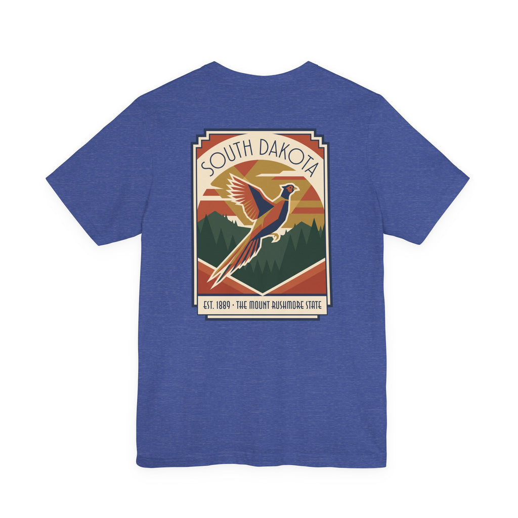 Blue t-shirt with South Dakota art deco pheasant graphic print