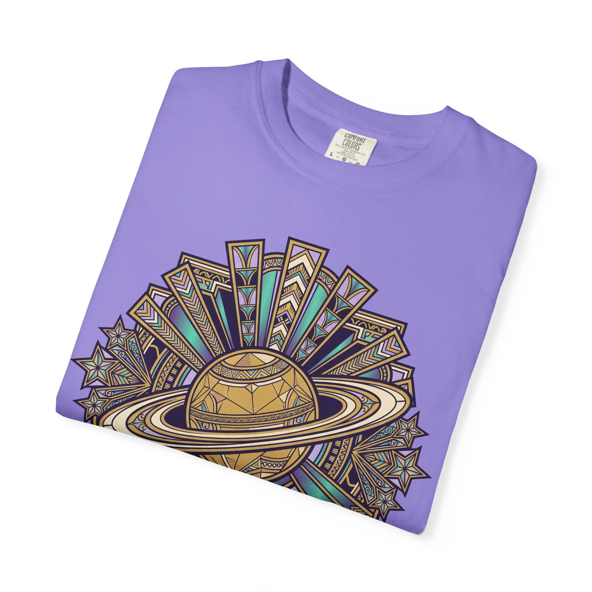 Purple t-shirt with large celestial planet and rings graphic on the front