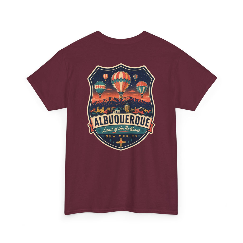 Maroon T-shirt with Albuquerque hot air balloon badge graphic on chest