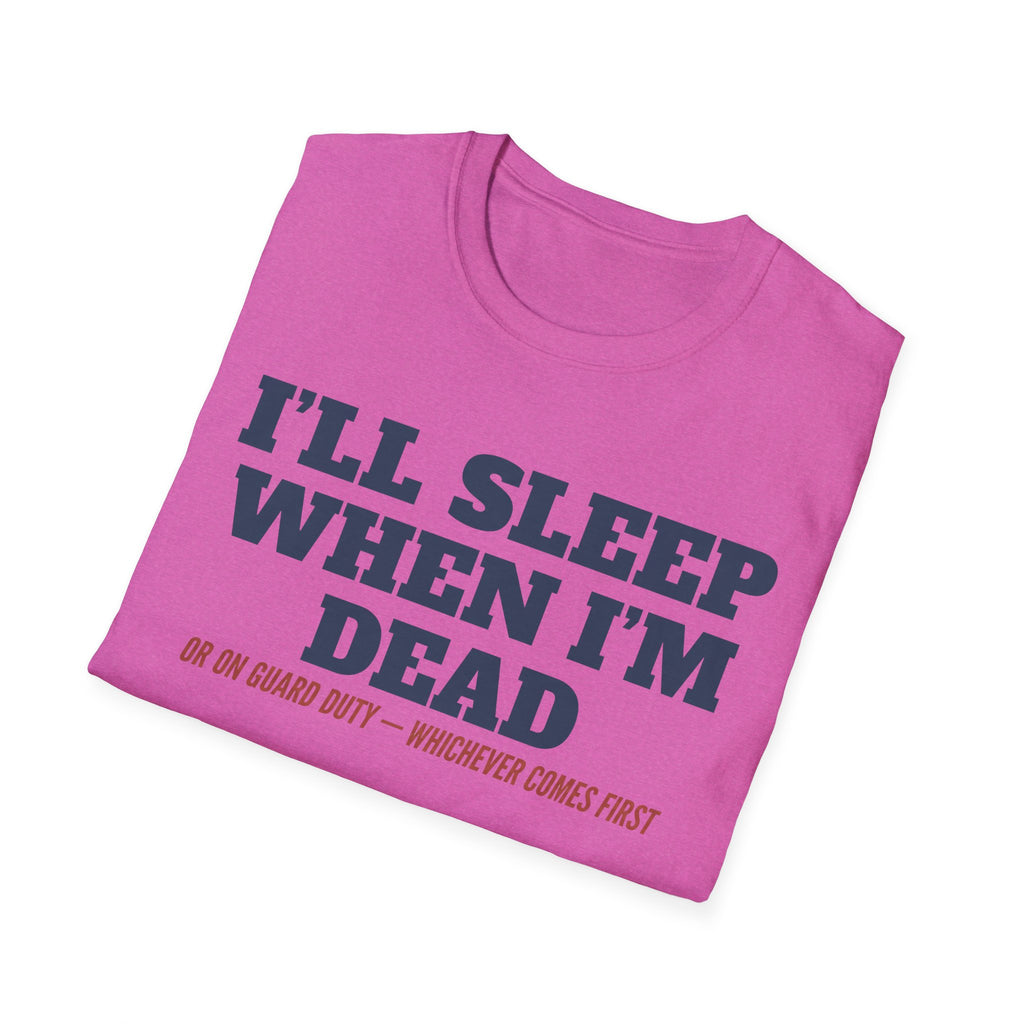 Pink crew-neck T-shirt with 'I'll sleep when I'm dead' slogan graphic