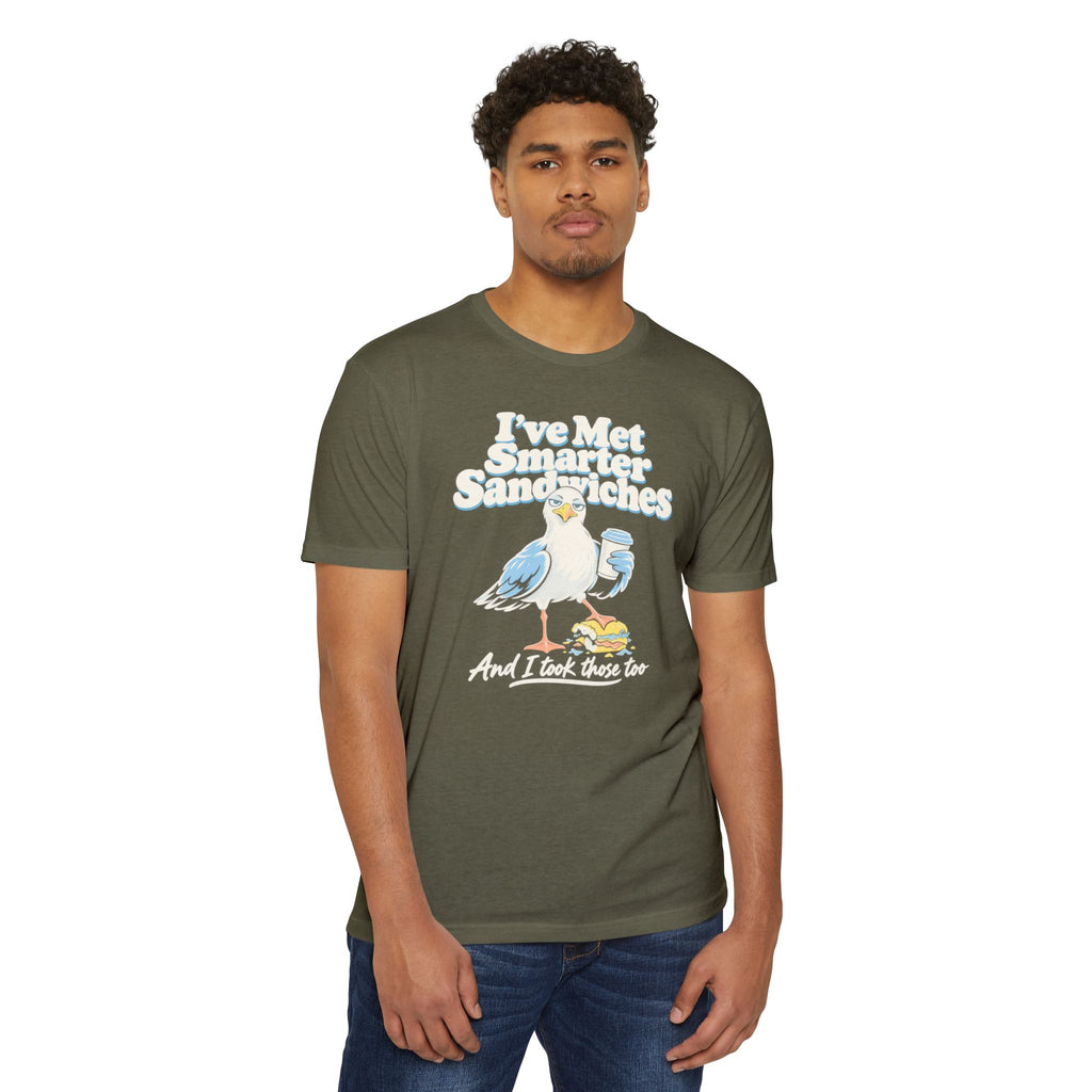 Olive green crewneck t-shirt with seagull sandwich graphic on front