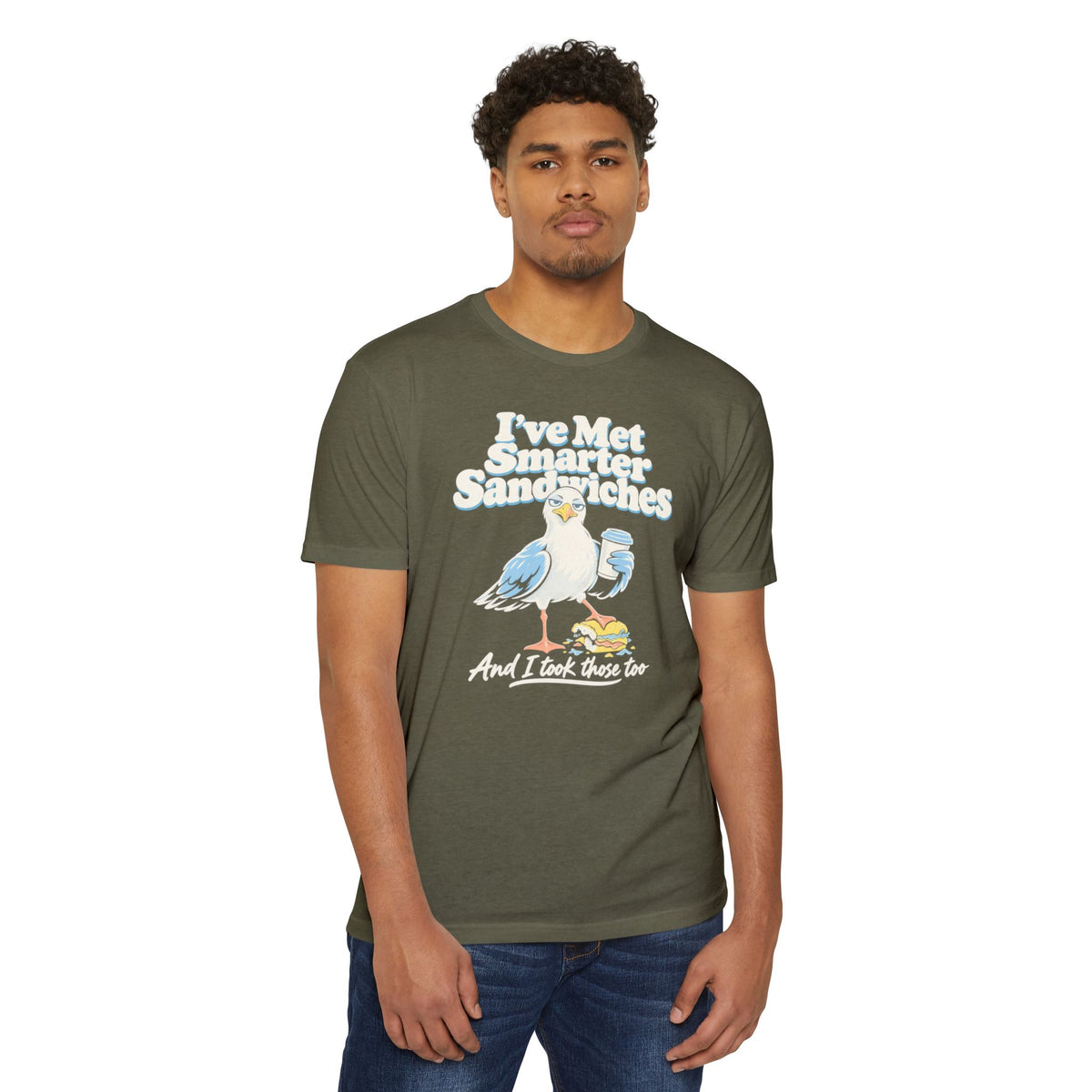 Olive green crewneck t-shirt with seagull sandwich graphic on front