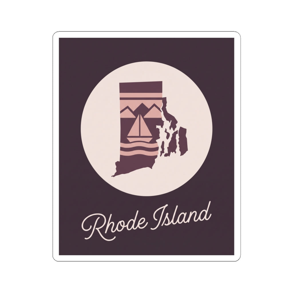 Rhode Island kiss-cut decal showing state silhouette, lighthouse motif, and 'Rhode Island' in cursive