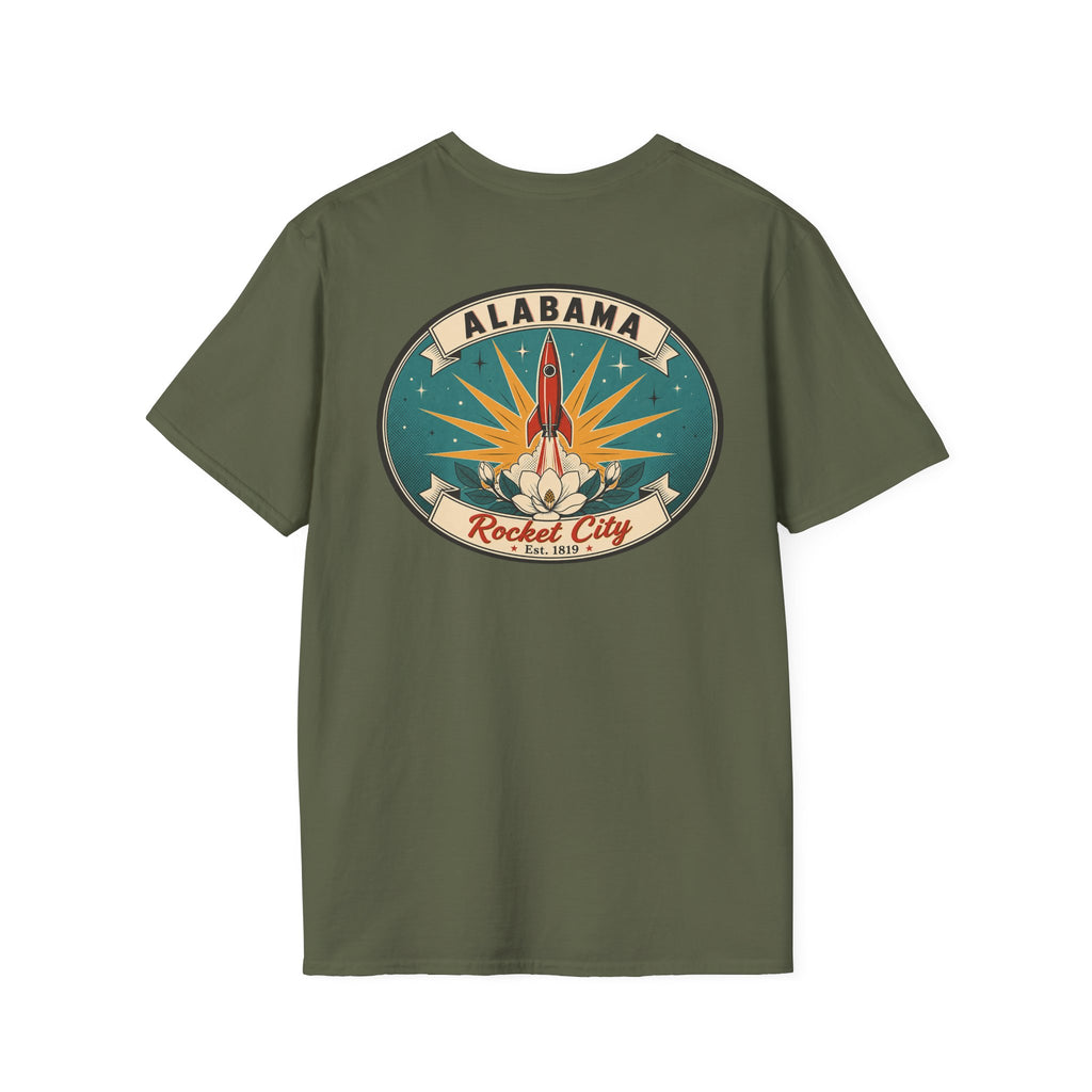 Olive green T-shirt with circular Alabama Rocket City rocket graphic on chest