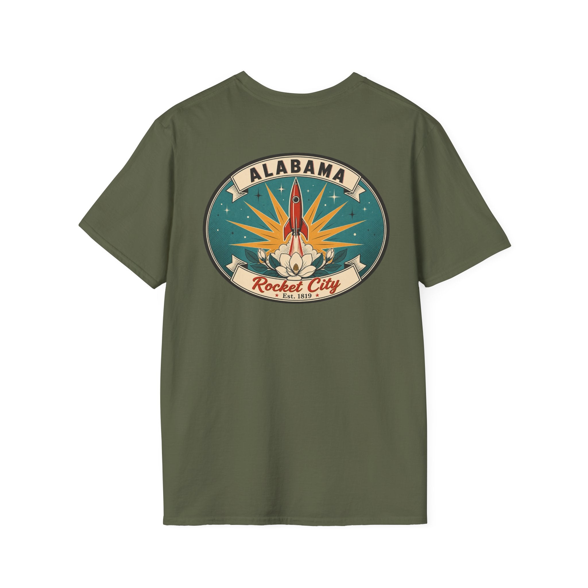 Olive green T-shirt with circular Alabama Rocket City rocket graphic on chest