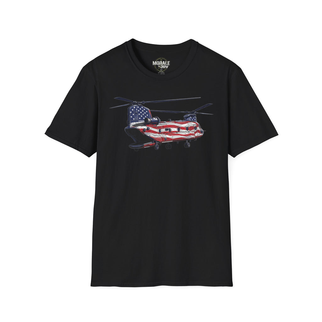American Flag CH-47 Chinook T-shirt in black with red, white and blue helicopter graphic