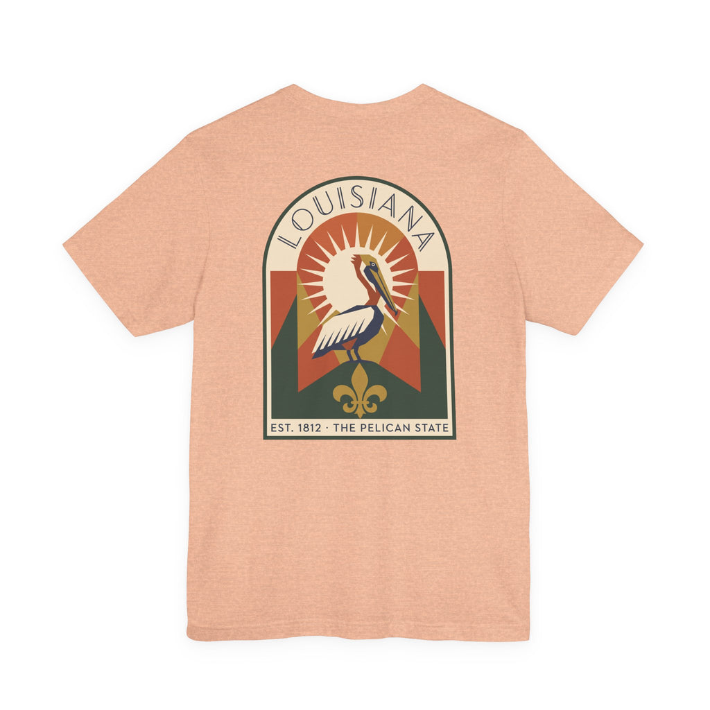 Peach t-shirt with Louisiana pelican art graphic on chest