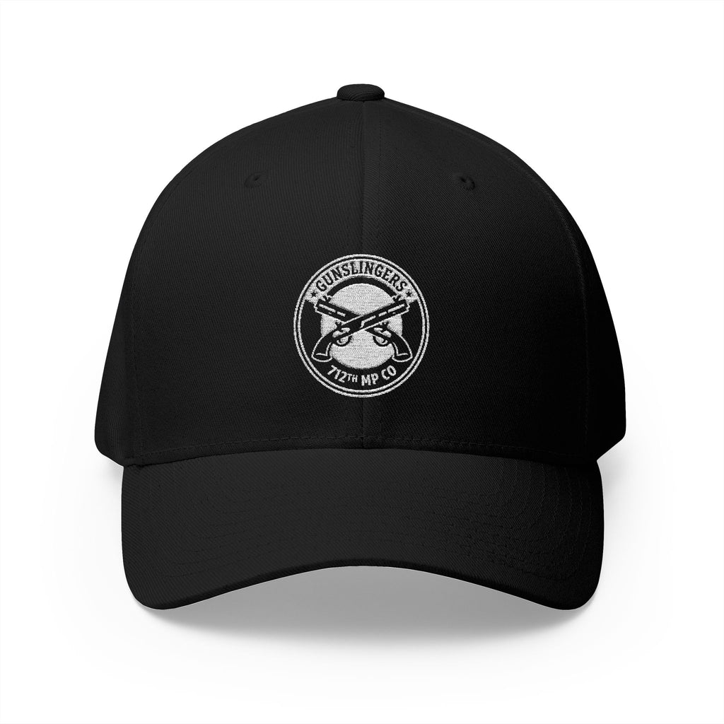 Embroidered baseball cap, black with circular white emblem at center