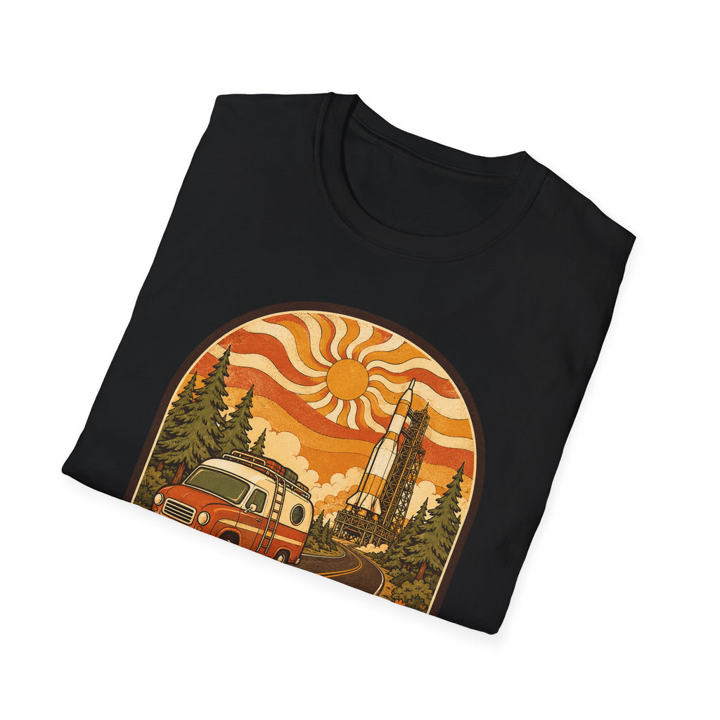 Unisex graphic T-shirt, black with vintage camper and sunset rocket scene in circle