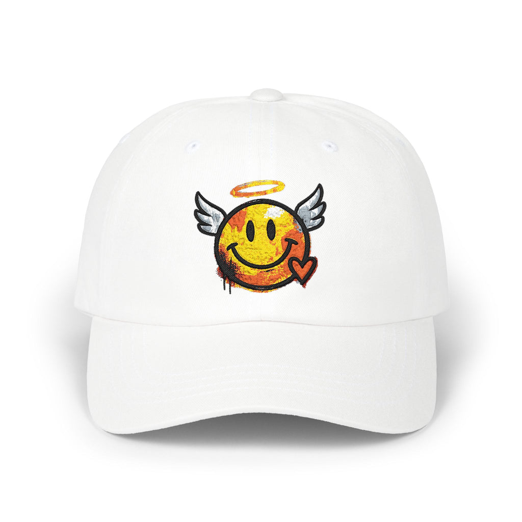 White dad cap with embroidered winged smiley and halo on the front