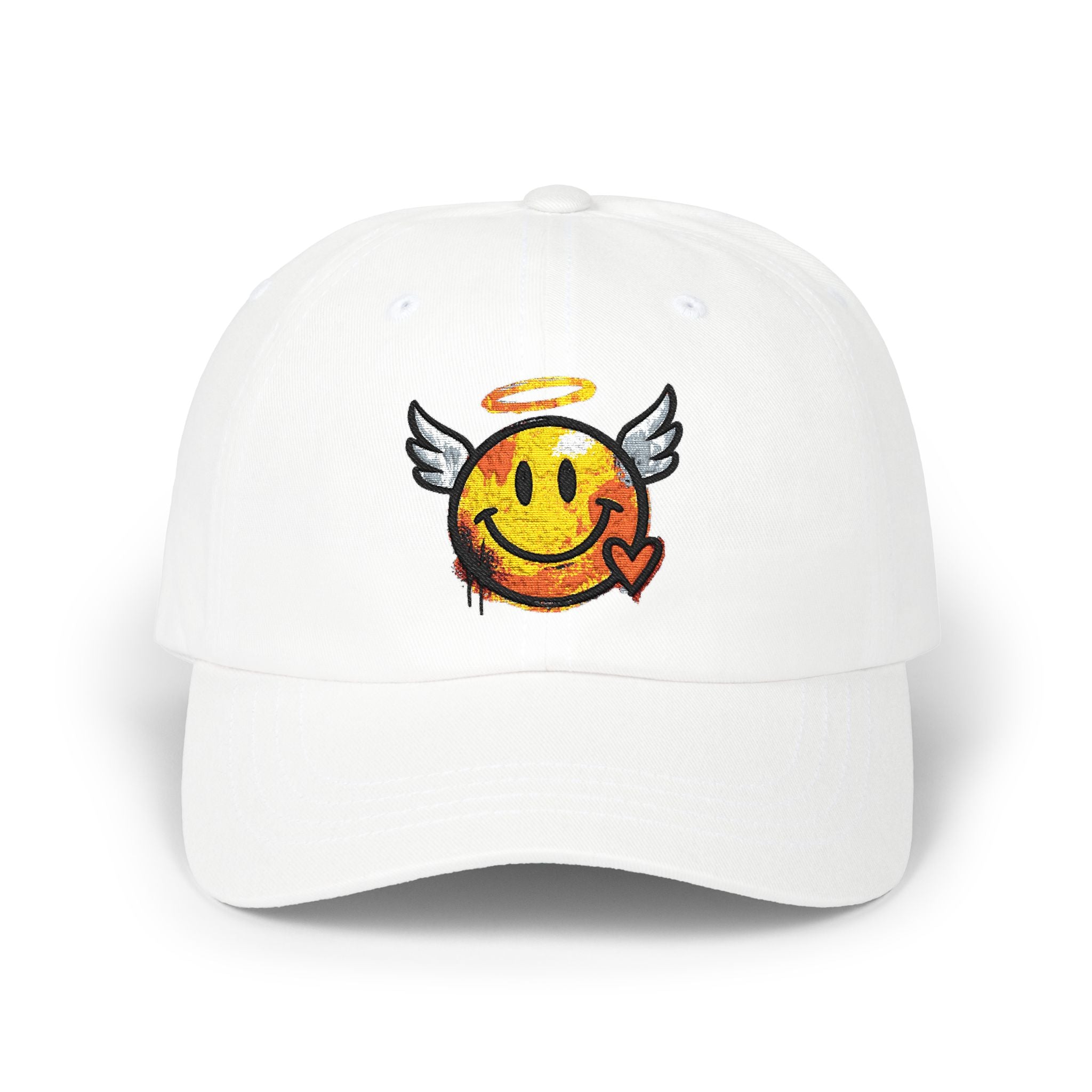 White dad cap with embroidered winged smiley and halo on the front