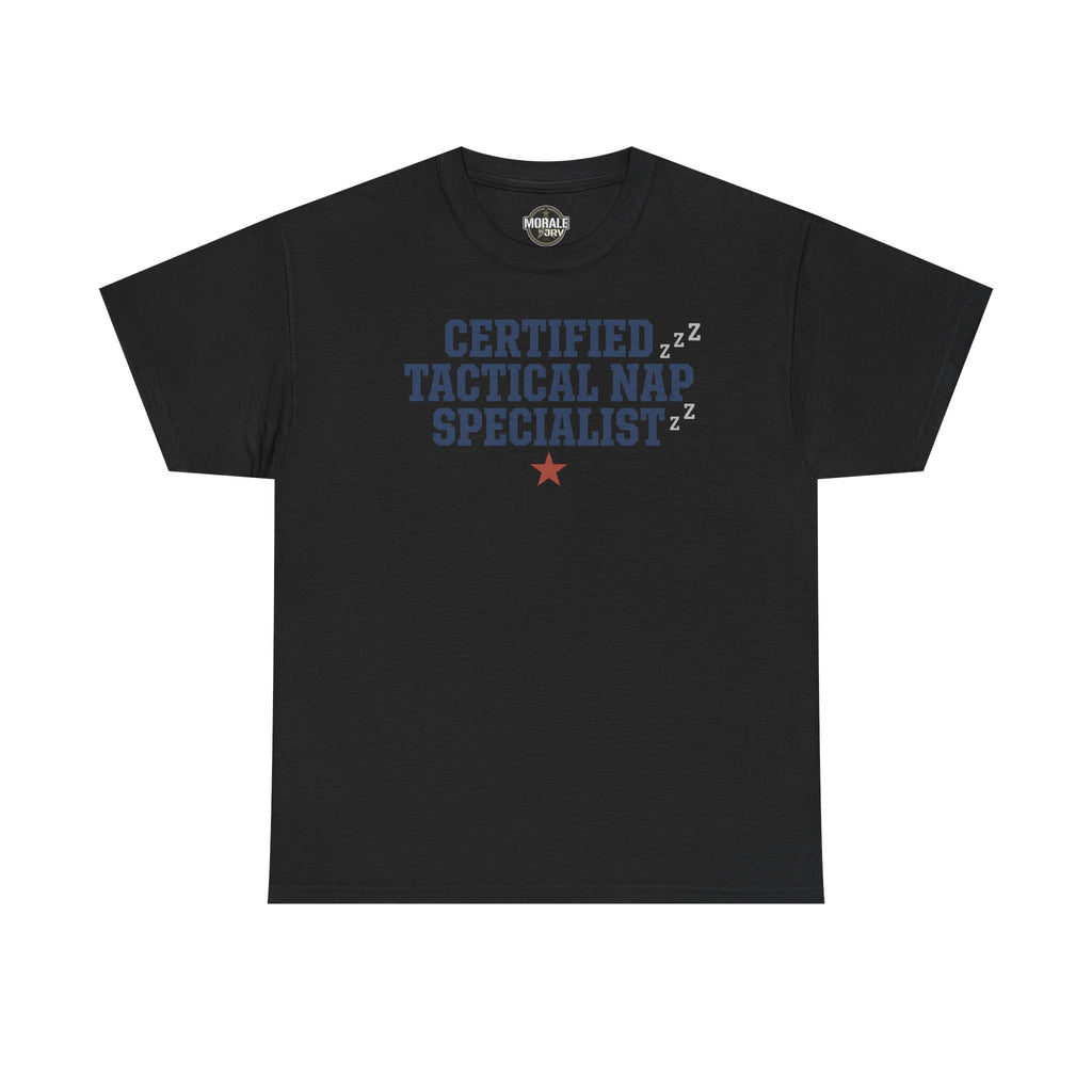 Black crewneck tee with 'Certified Tactical Nap Specialist' print
