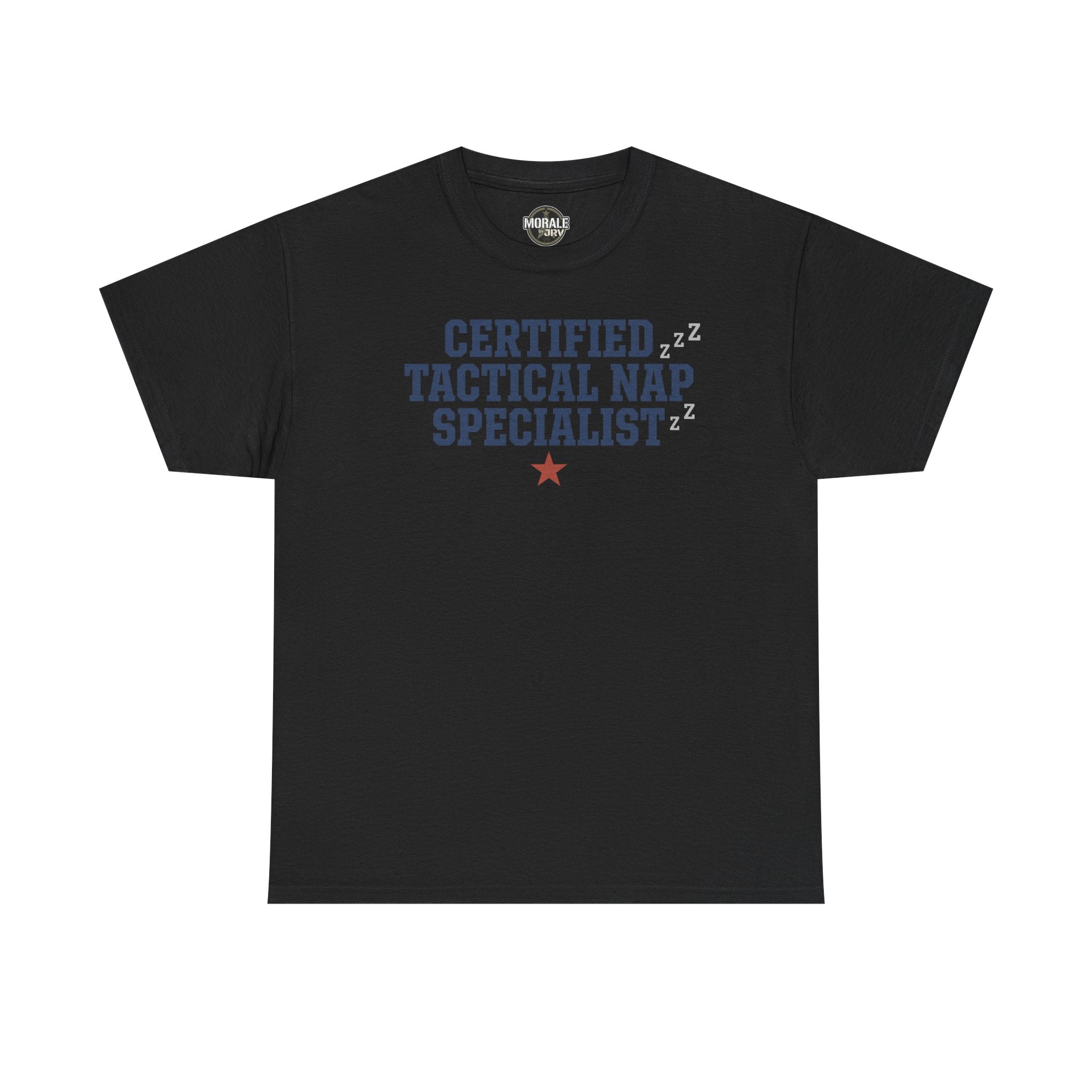 Black crewneck tee with 'Certified Tactical Nap Specialist' print
