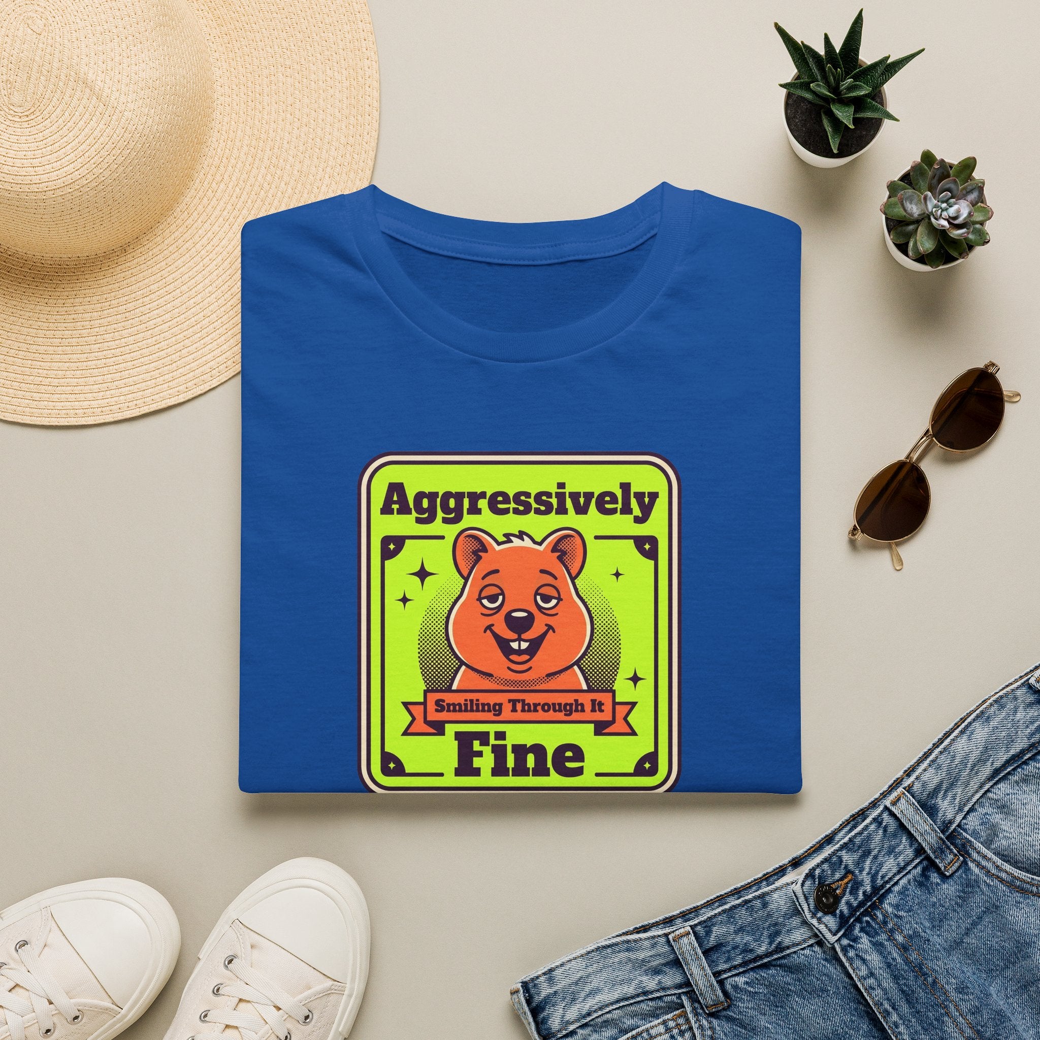 Royal blue T-shirt with neon-style cartoon bear graphic and green-yellow text on front