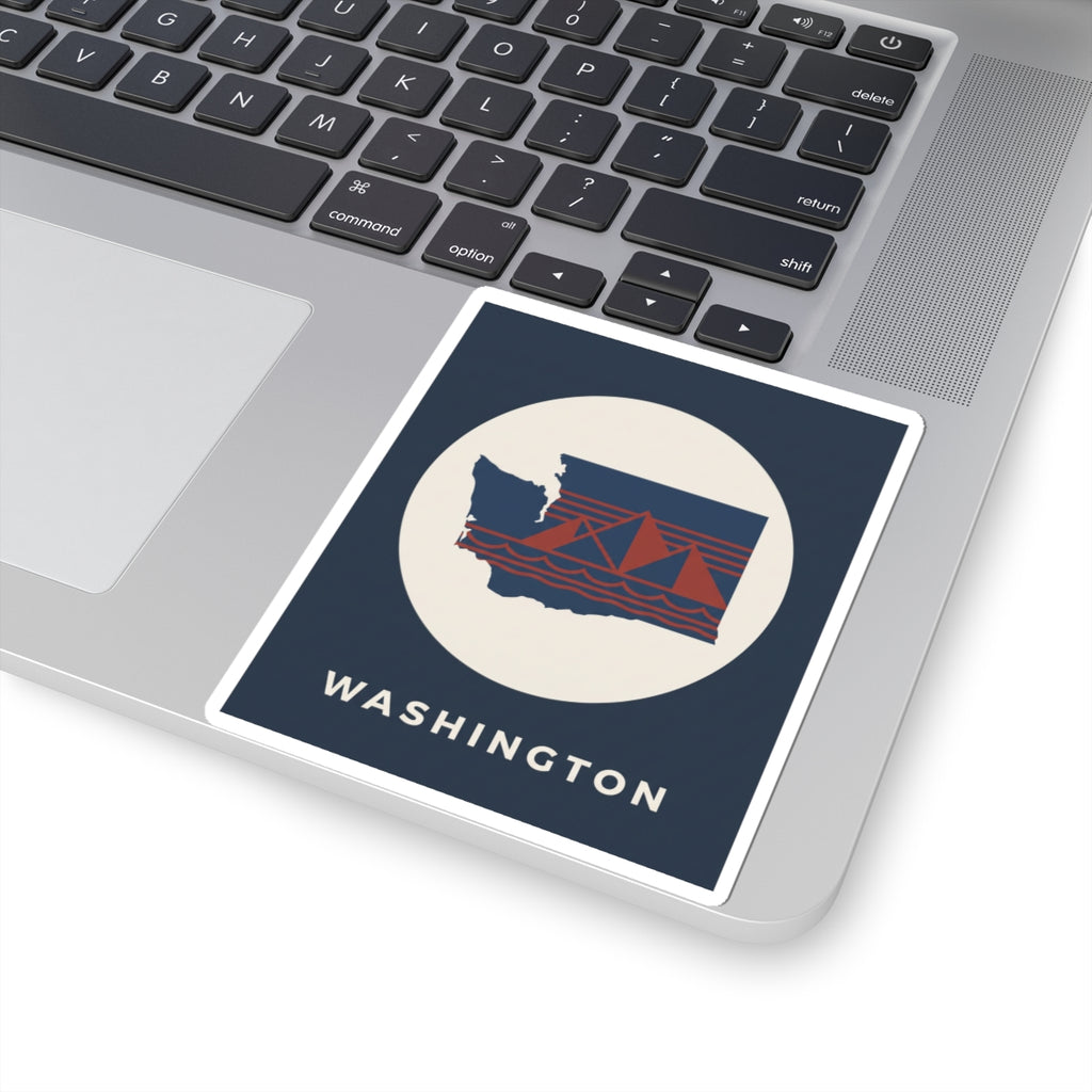 Washington graphic sticker, angled navy square with cream circle, state outline and red bridge, WASHINGTON