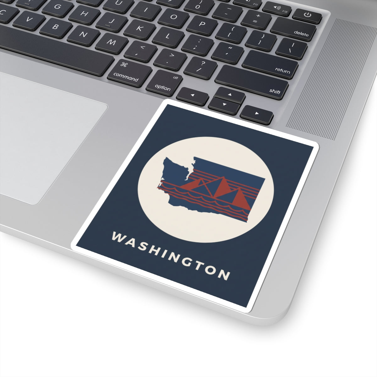 Washington graphic sticker, angled navy square with cream circle, state outline and red bridge, WASHINGTON