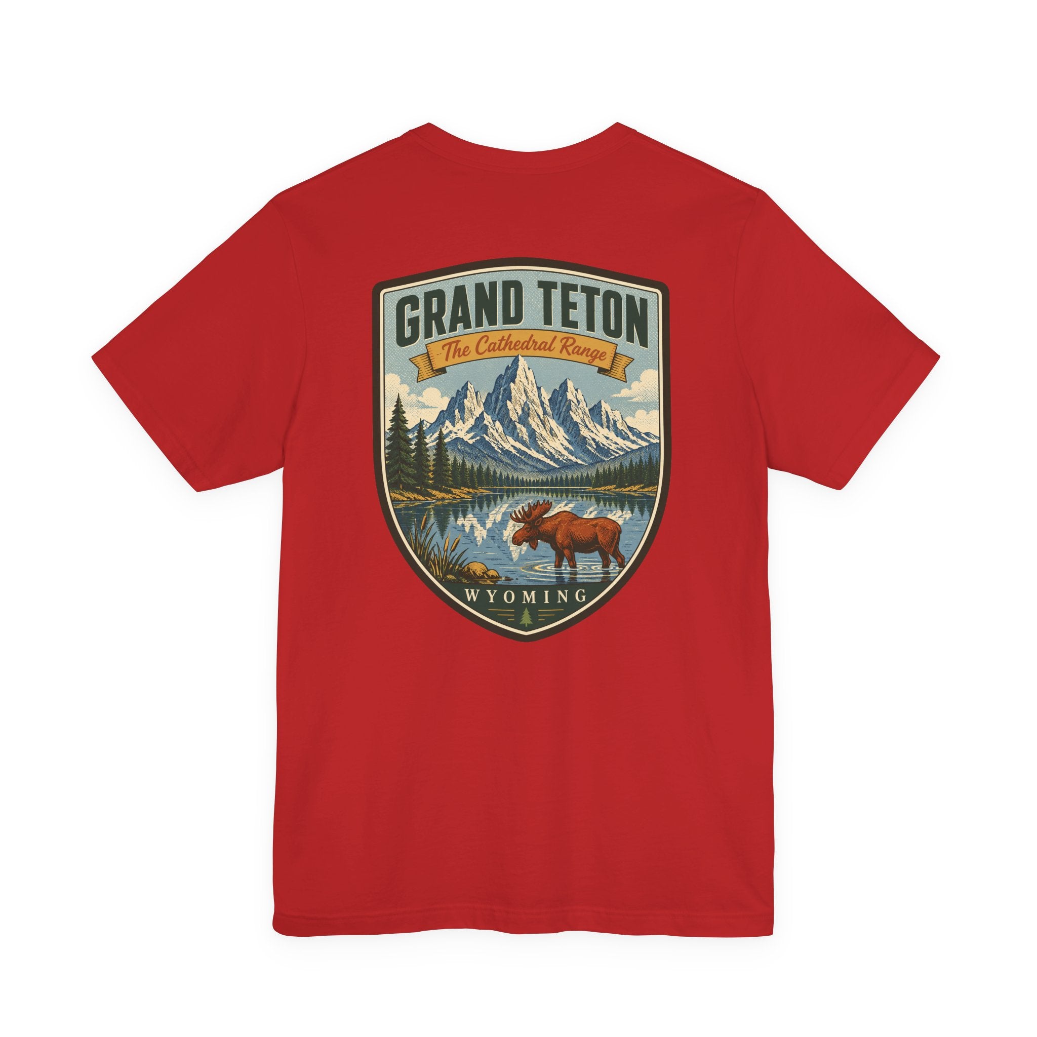 Red Grand Teton Wyoming front graphic t-shirt with mountain, forest, and wildlife shield