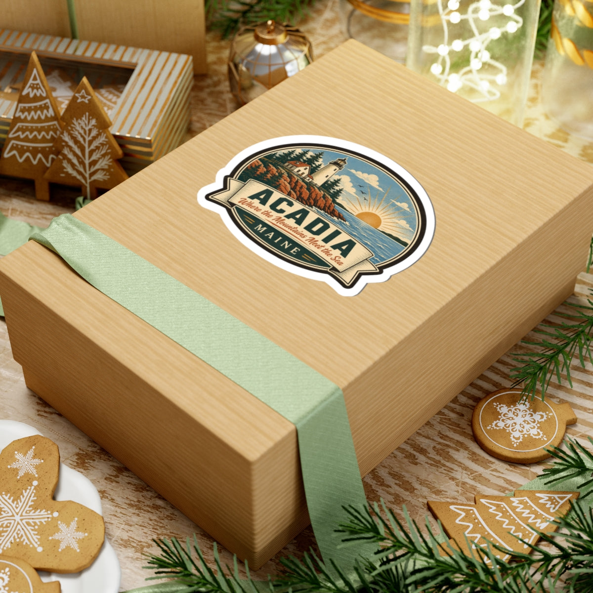 Round Acadia Maine sticker on wrapped gift: lighthouse, ocean waves, sunburst, and 'MAINE' banner.