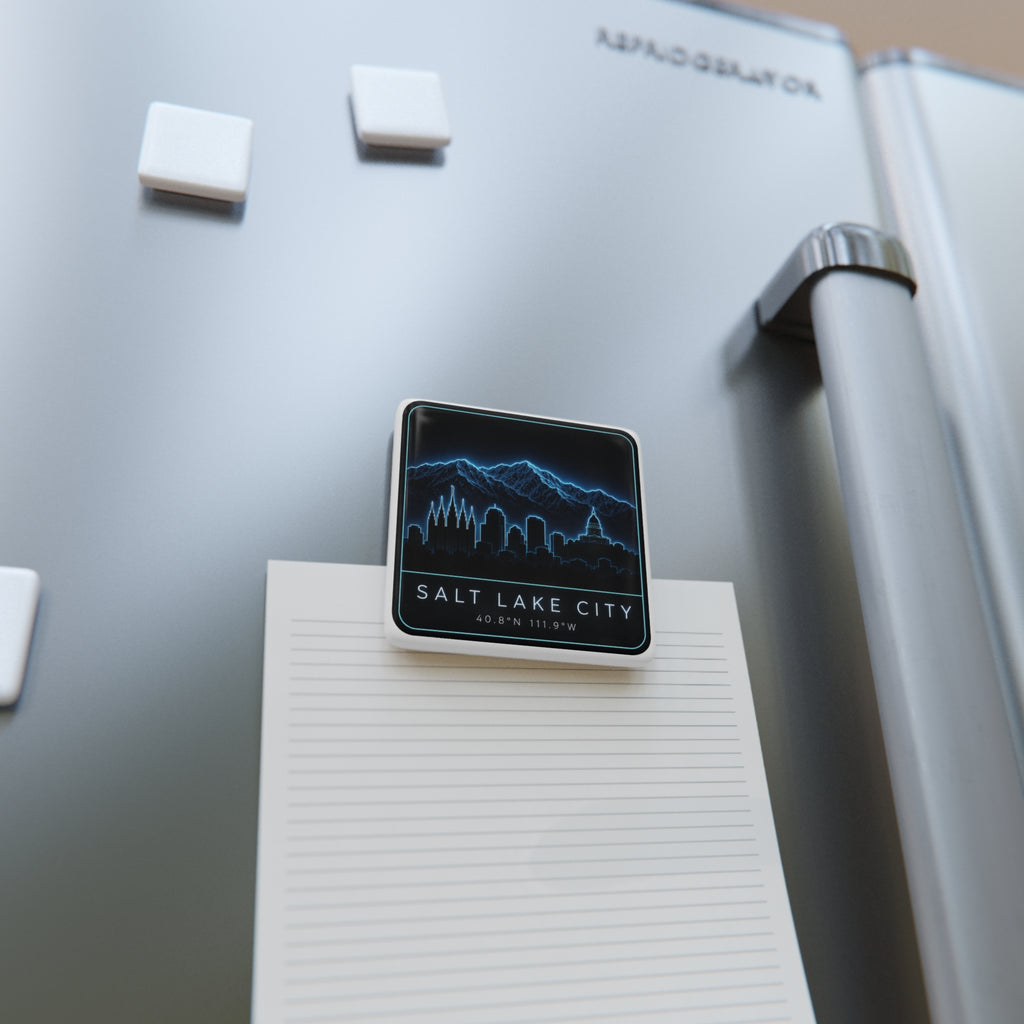 Square porcelain magnet with neon blue Salt Lake City skyline on notebook